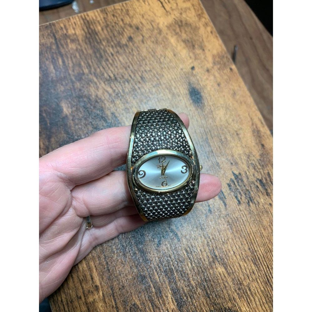 Geneva Gold Tone Oval Face Bangle Watch with Dark Bronze Accent